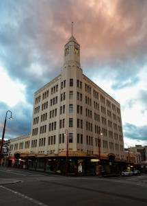 Built in 1939, the Art Deco T&G Building in Hobart Tasmania at sunset.