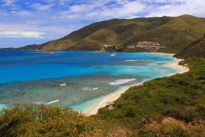 Crystalline white sands on Savanna Beach on Virgin Gorda, BVI Lesser Antilles Caribbean