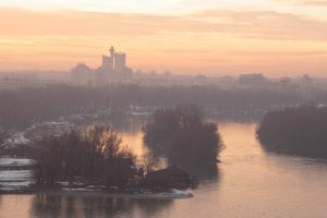 Dusk falls over Belgrade and the confluence of the Sava and Danube Rivers, Belgrade Serbia