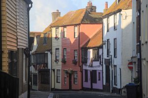 English Seaside; Old wooden houses along All Saints Street in the old quarter of Hastings, East Sussex, England