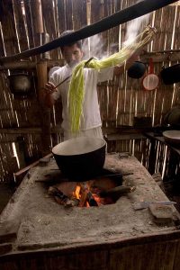 Straw is lightly boiled, for less than a minute, as part of the traditional preparation for weaving.