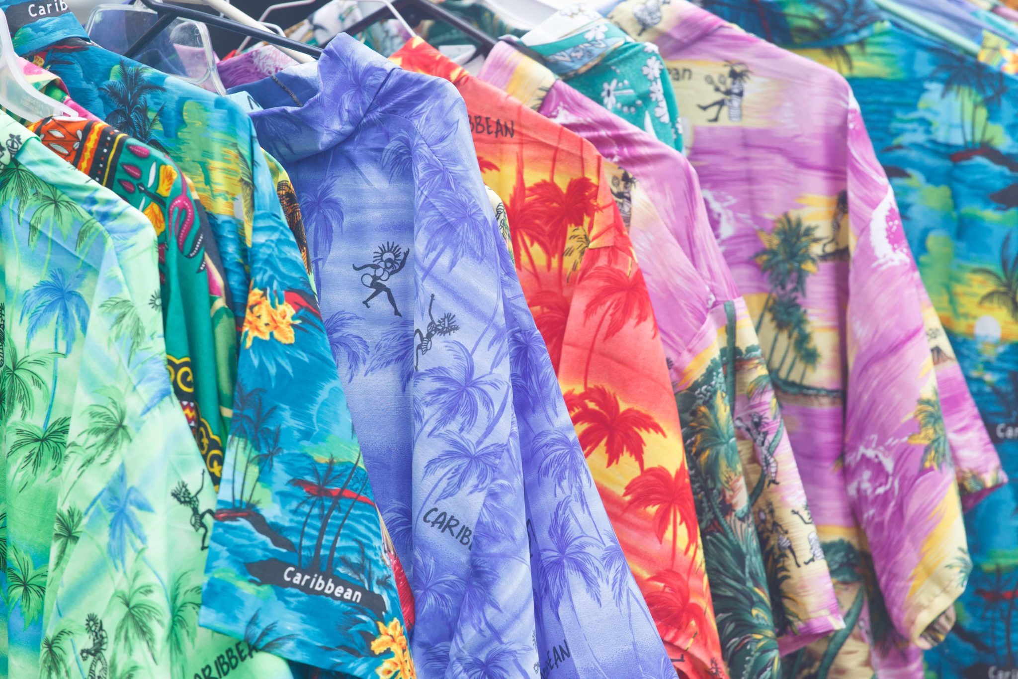 A rack of flowery shirts for sale in Sopers Hole, Tortola British Virgin Islands BVI