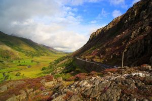 The A-5 highway snakes its way up the glacial valley of Nant Ffrancon